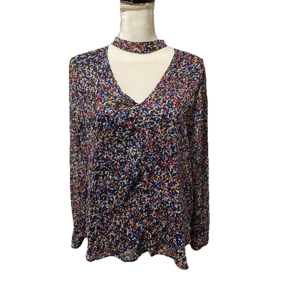 1. State Multicolor Confetti Print Chiffon Choker Keyhole Blouse Top -Size Small
